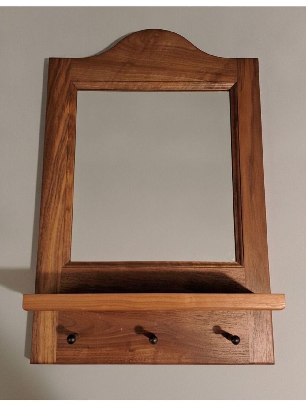 Vintage Country Handmade Solid Wood Wall Hung Mirror w/ Shelf & 3 Pegs 13"x 21"